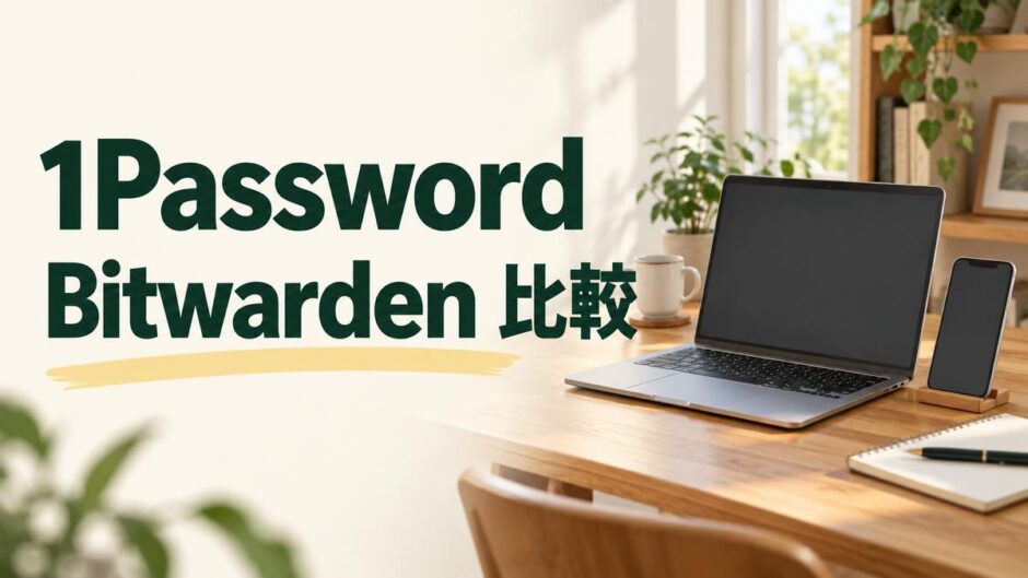1PasswordとBitwardenを比較する見出しと、ノートパソコン・スマートフォンの仕事場