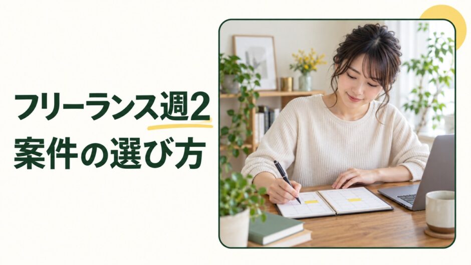 フリーランス週2の案件の選び方という見出しと仕事の予定を紙に書く人