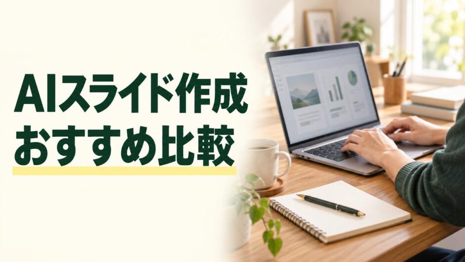 AIスライド作成ツールの比較記事。ノートパソコンで資料を作る作業机