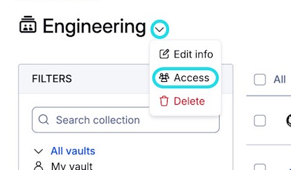 Bitwarden公式のコレクション設定。コレクション名のメニューからAccessを選ぶ