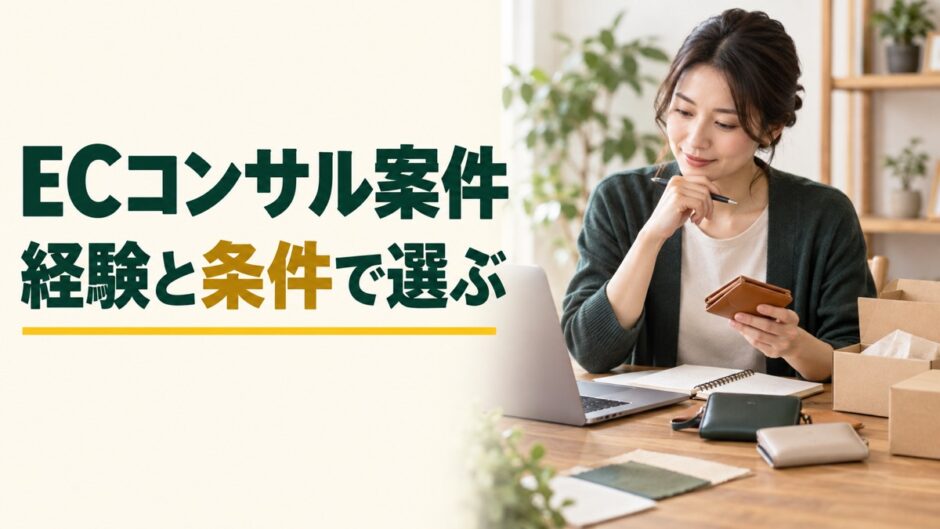 ECコンサル案件を経験と条件で選ぶという見出しと、商品を見ながら提案を考える女性の仕事風景