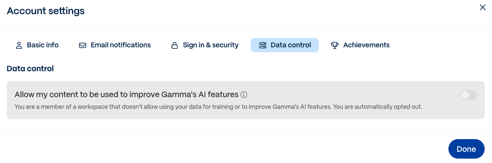 GammaのData control設定画面（公式ヘルプ掲載例）