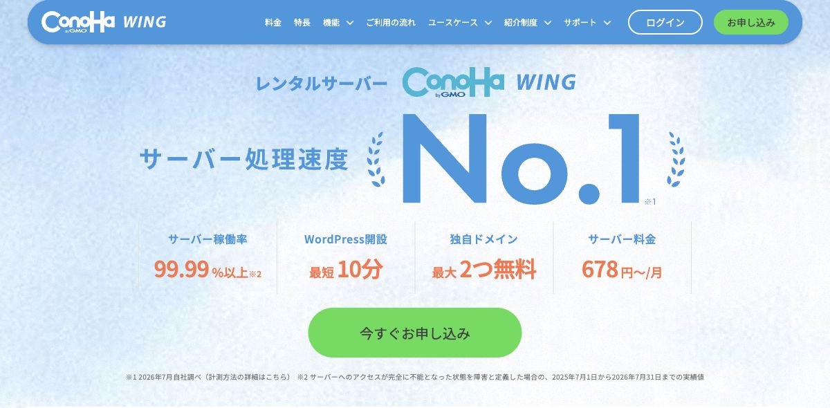 ConoHa WING公式サイトのロゴ・主見出しとサービス紹介画面