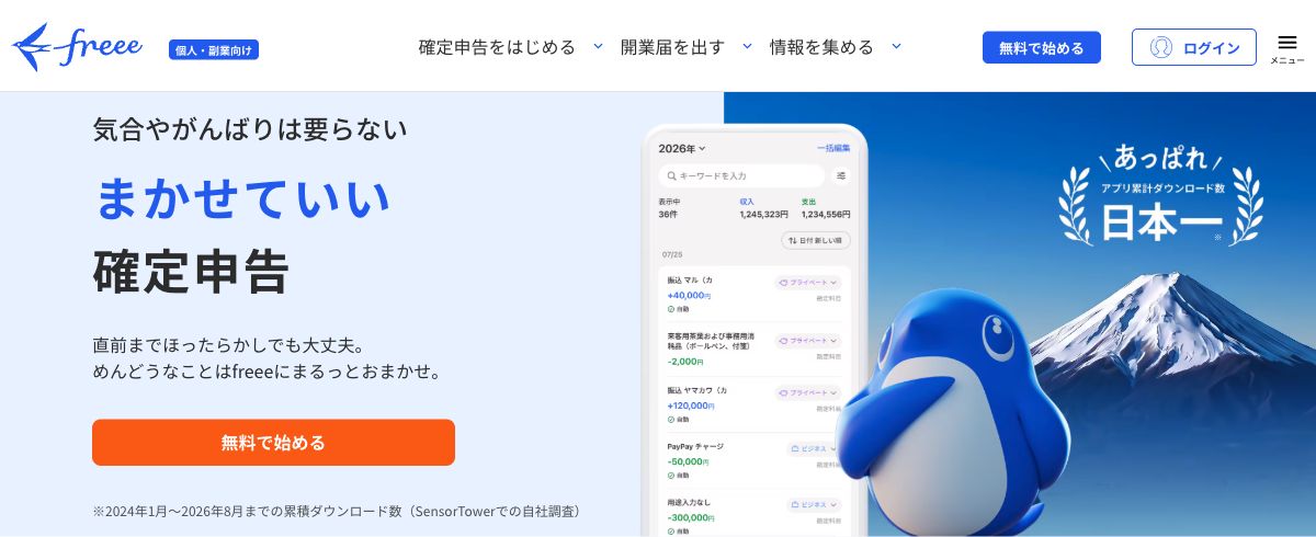 個人・副業向けfreee会計の公式サイト先頭画面