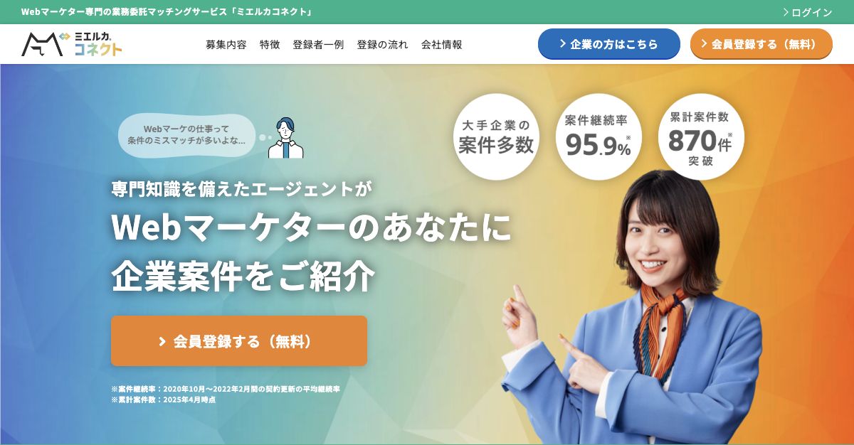ミエルカコネクト公式サイトの先頭画面。サービスの主見出し、紹介画像、登録の案内
