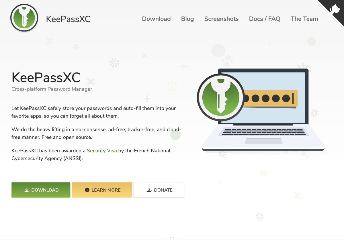 KeePassXC公式サイトの先頭にあるロゴ・主見出しと製品紹介画面