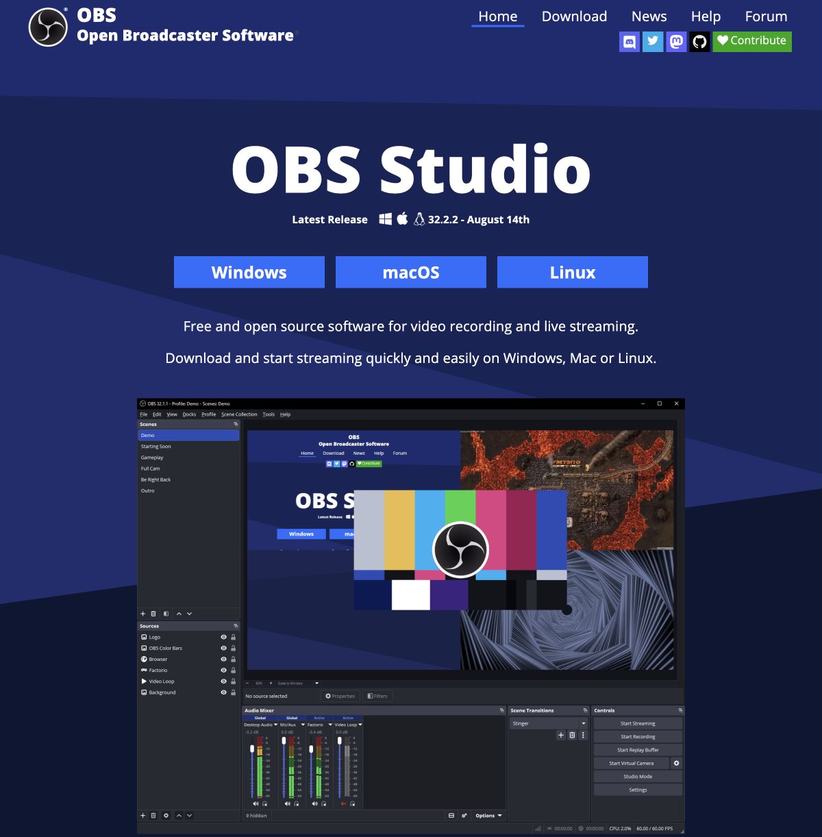 OBS Studio公式サイトの先頭にあるロゴ・主見出しと製品紹介画面