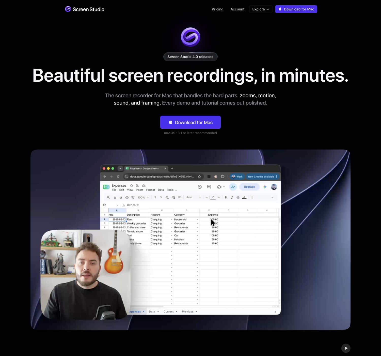 Screen Studio公式サイトの先頭にあるロゴ・主見出しと製品紹介画面