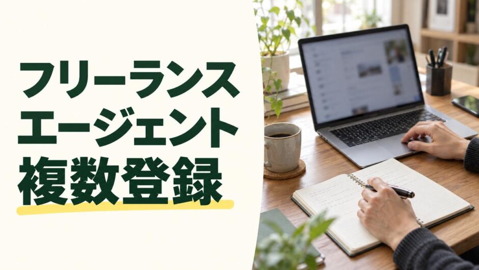 フリーランスエージェントの複数登録について、ノートとパソコンで応募を管理するイメージ