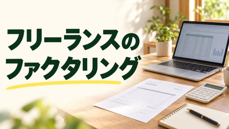 フリーランスのファクタリングを示す見出しと、請求書・電卓・ノートパソコン