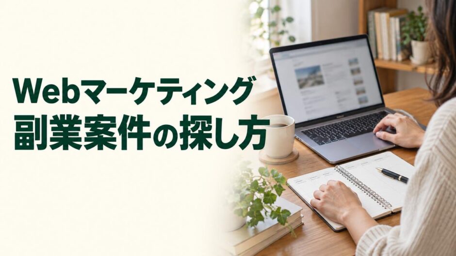 Webマーケティングの副業案件を探すため、在宅でノートPCと仕事の計画を確認する様子