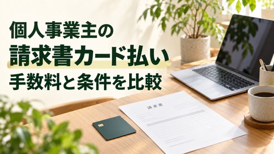 個人事業主の請求書カード払いについて手数料と条件を比較する記事の見出しと仕事机