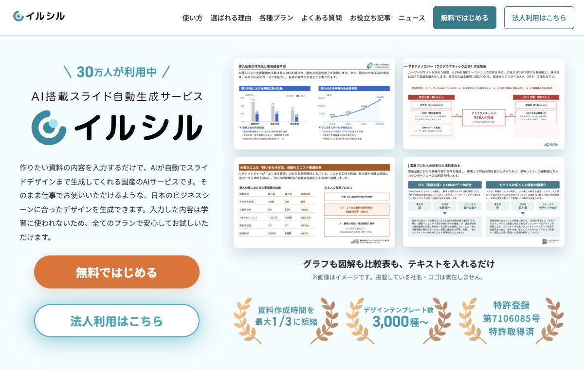 イルシル公式サイトの先頭画面。サービス名と主見出し、作成できるスライドの見本