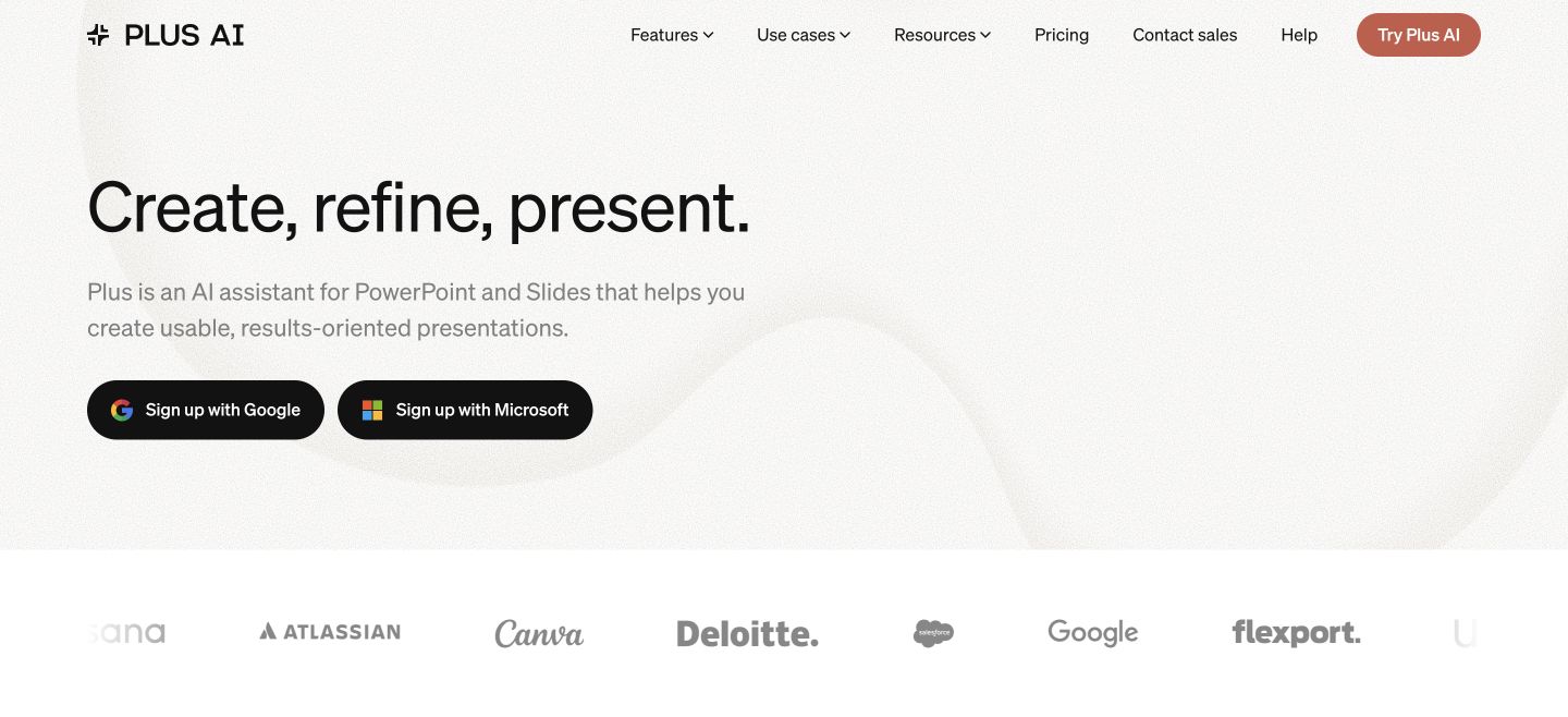 Plus AI公式サイト。PowerPointとGoogleスライドで使うAIサービスの案内
