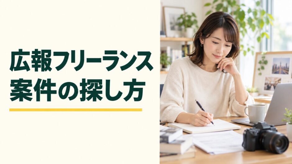 広報フリーランスの案件の探し方という見出しと、報道向けの文章を考える女性の仕事風景