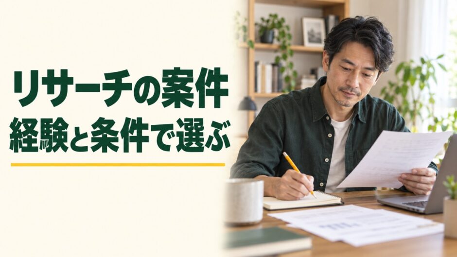マーケティングリサーチの案件を経験と条件で選ぶという見出しと、調査メモを読む男性の仕事風景