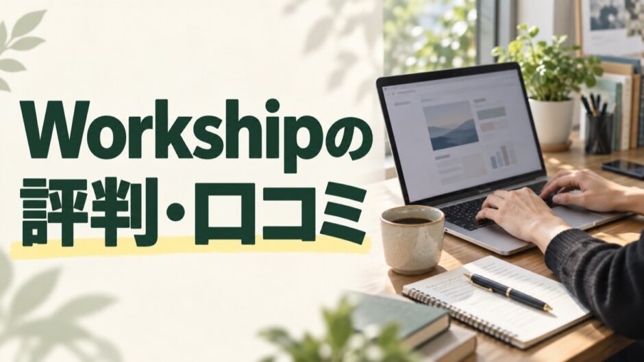 Workshipの評判・口コミと書かれたアイキャッチ。ノートパソコンで作業する机の上のイメージ